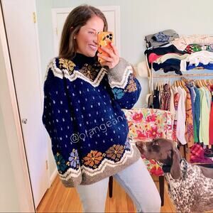 Vintage Pachamama Blue Floral Hand Knit Sweater M/L